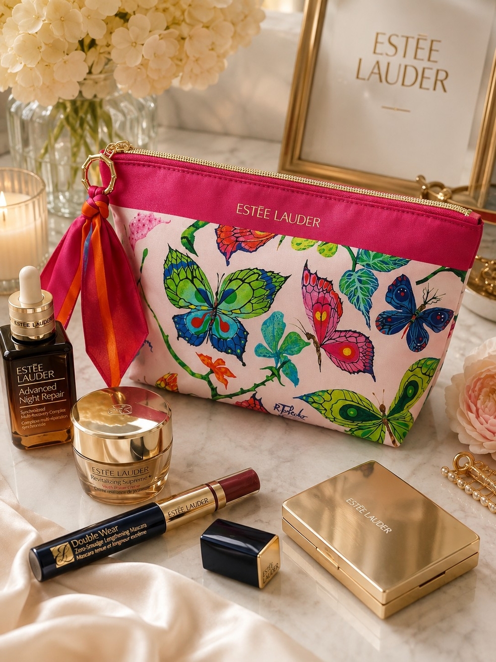 Estée Lauder Pink Butterfly Print Cosmetic Pouch with Gold Zip R. Toledo Colab.